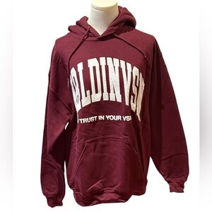NWOT- WRLDINVSN Burgundy Logo Pull On Hoodie With Kangaroo Pocket Unisex Sz Med